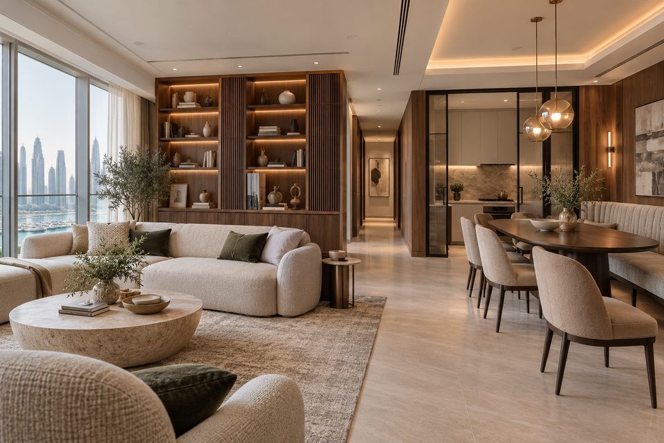 Warm contemporary apartment renovation with bespoke walnut joinery in Dubai
