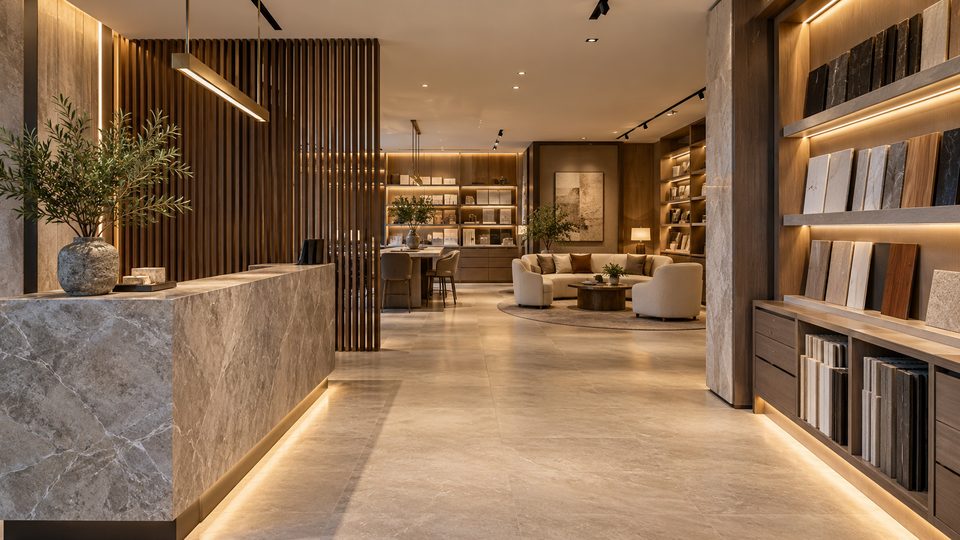 Dubai boutique showroom fit-out with stone reception and bespoke walnut displays