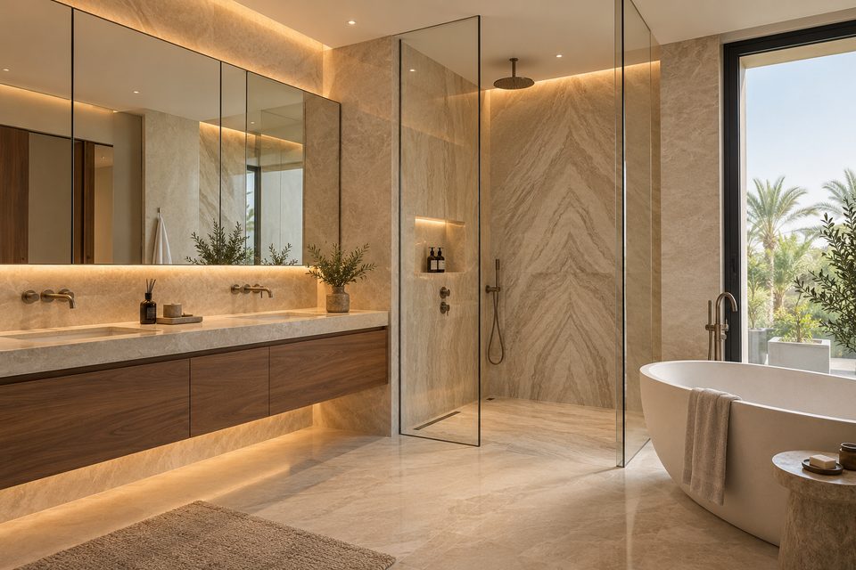 Luxury primary bathroom renovation with walnut vanity and natural stone finishes