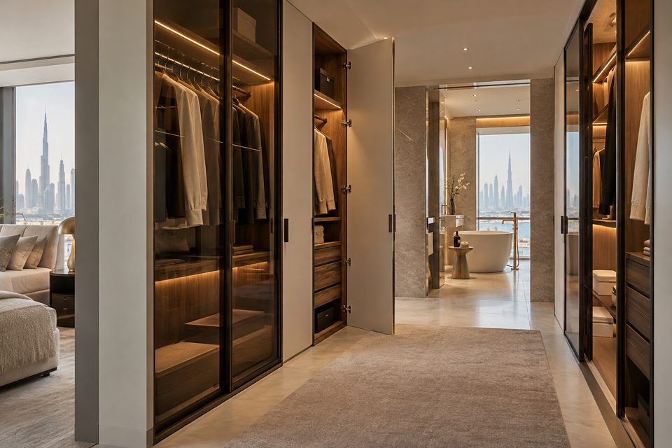 Walk-through luxury wardrobe with integrated lighting and bespoke storage